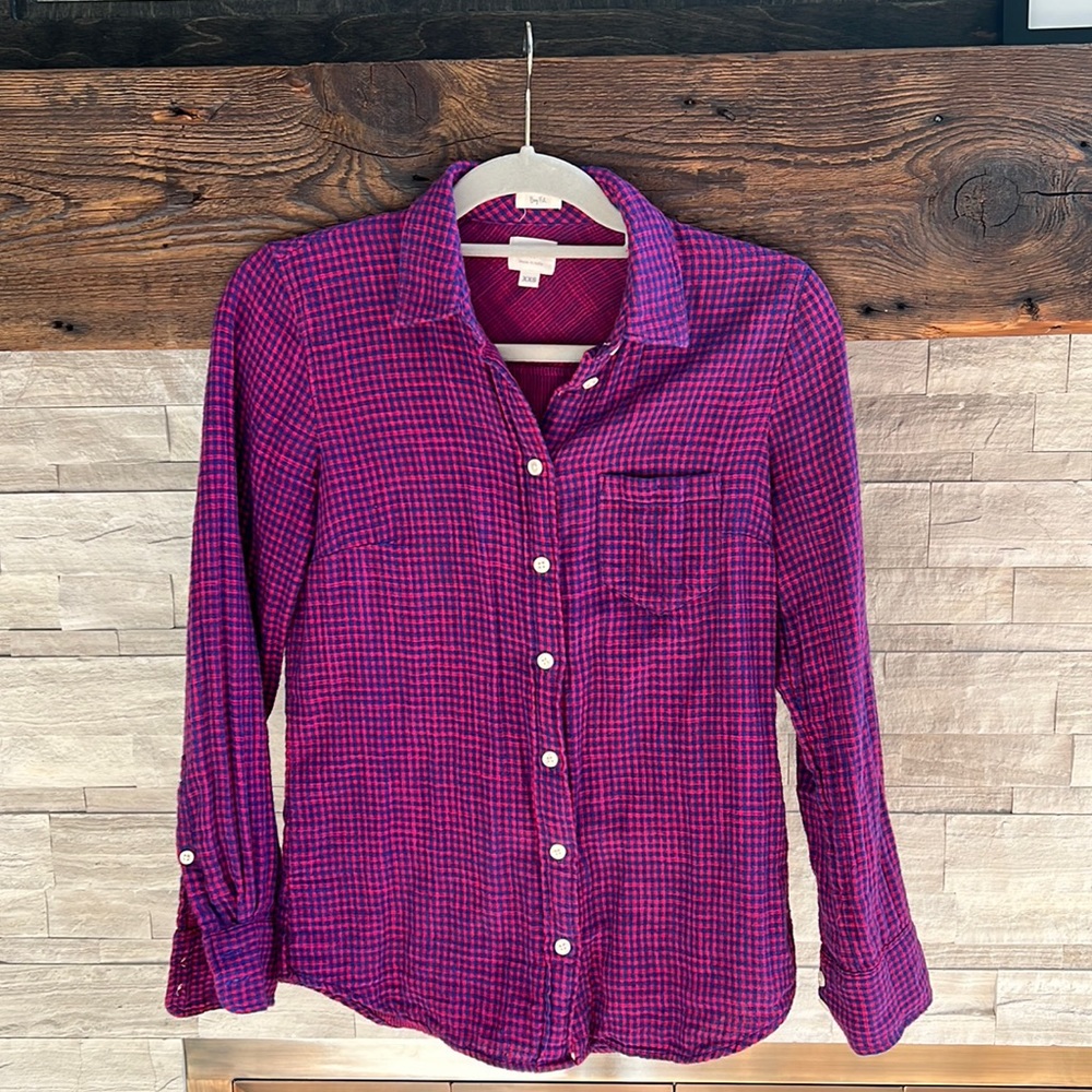 J Crew plaid button down shirt in magenta/royal blue, size XXS